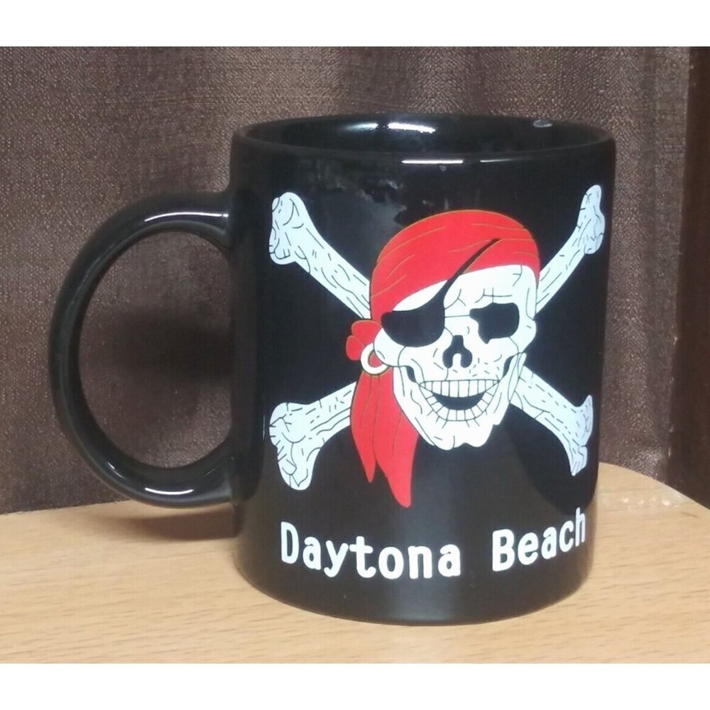 Pirate Coffee Mug VTG 80s Ceramic black Jolly Roger Red Scarf skull crossbones